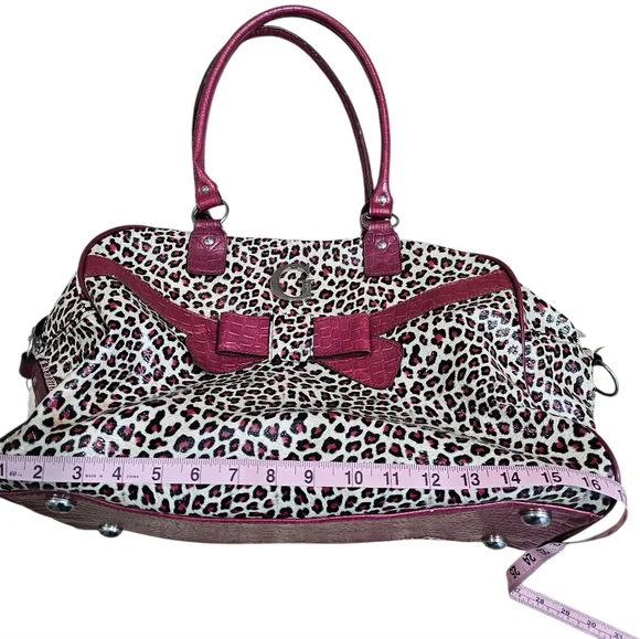 Guess Leopard Print Duffel Bag Burgundy Faux Croc Trim Bow Y2K Handbag Rare HTF - Picture 4 of 10